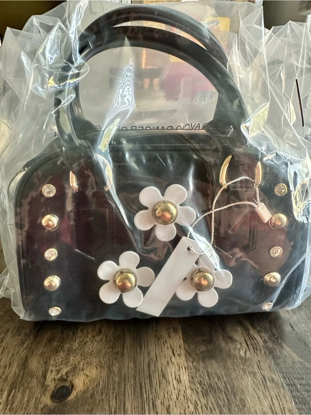 NWT Doe a Dear Girls/Youth Black Floral Shiny Jelly Barrel Purse